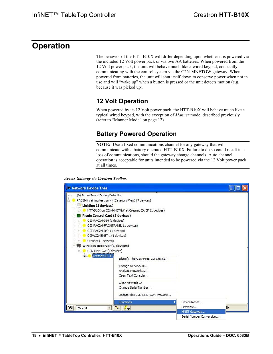 Operation, 12 volt operation, Battery powered operation | Infinet™ tabletop controller crestron htt-b10x | Crestron electronic htt-b10x User Manual | Page 22 / 28