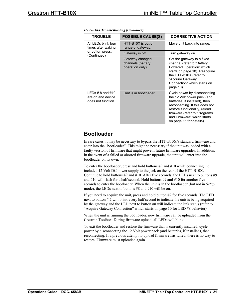 Bootloader, Crestron htt-b10x infinet™ tabletop controller | Crestron electronic htt-b10x User Manual | Page 25 / 28