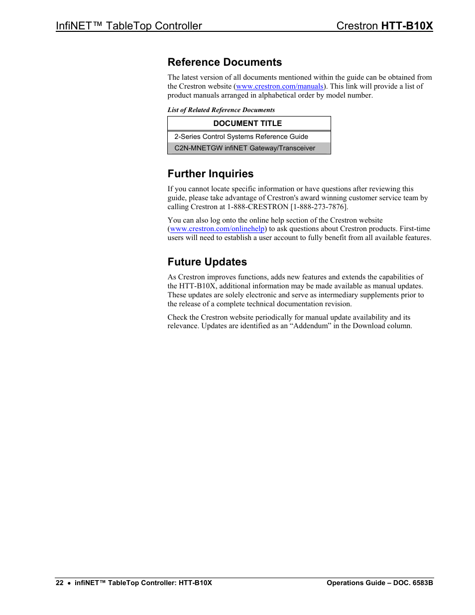Reference documents, Further inquiries, Future updates | Infinet™ tabletop controller crestron htt-b10x | Crestron electronic htt-b10x User Manual | Page 26 / 28