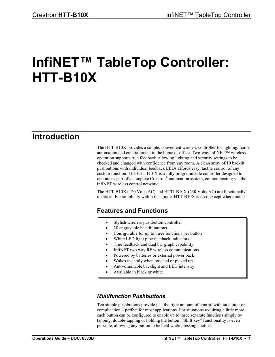 Infinet™ tabletop controller: htt-b10x, Introduction, Features and functions | Crestron htt-b10x infinet™ tabletop controller | Crestron electronic htt-b10x User Manual | Page 5 / 28
