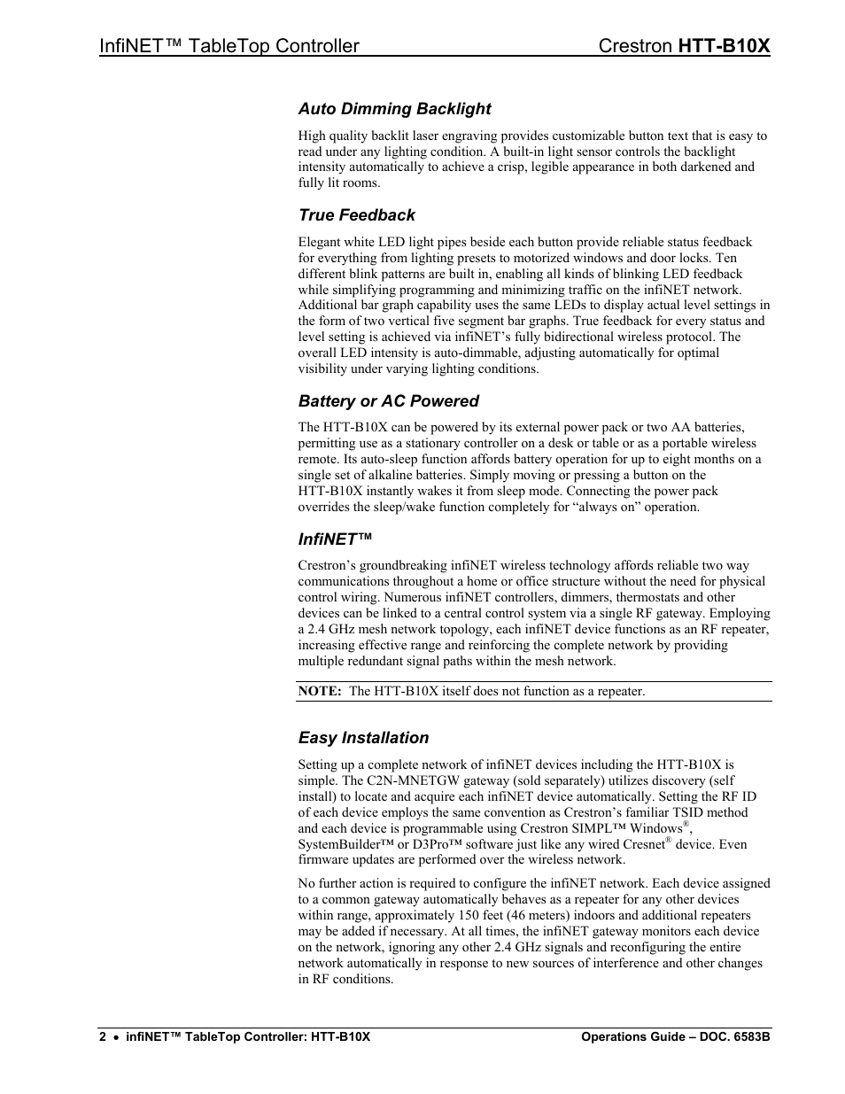 Infinet™ tabletop controller crestron htt-b10x | Crestron electronic htt-b10x User Manual | Page 6 / 28