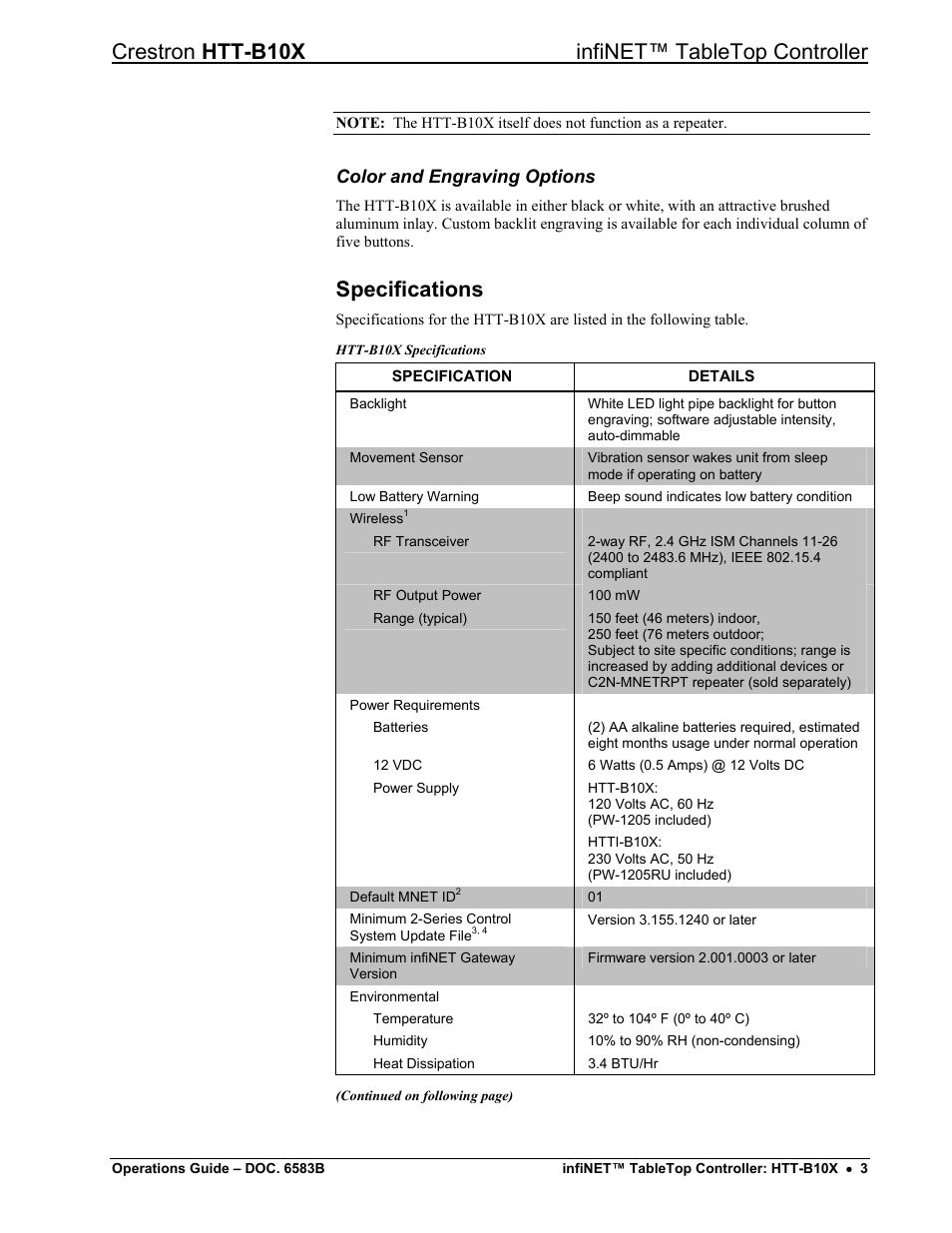 Specifications, Crestron htt-b10x infinet™ tabletop controller, Color and engraving options | Crestron electronic htt-b10x User Manual | Page 7 / 28