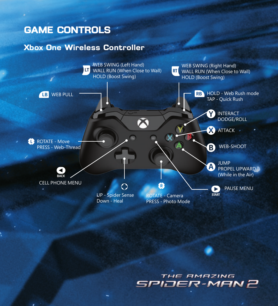 X _ ` l < l c > y x b a, Game controls | Activision Amazing Spider-Man 2 User Manual | Page 5 / 6