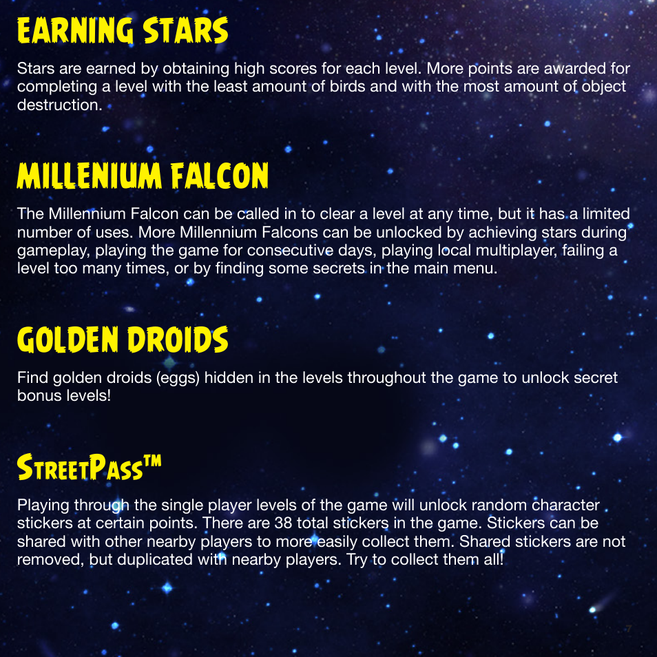 Earning stars, Millenium falcon, Golden droids | Activision Angry Birds Star Wars User Manual | Page 7 / 8
