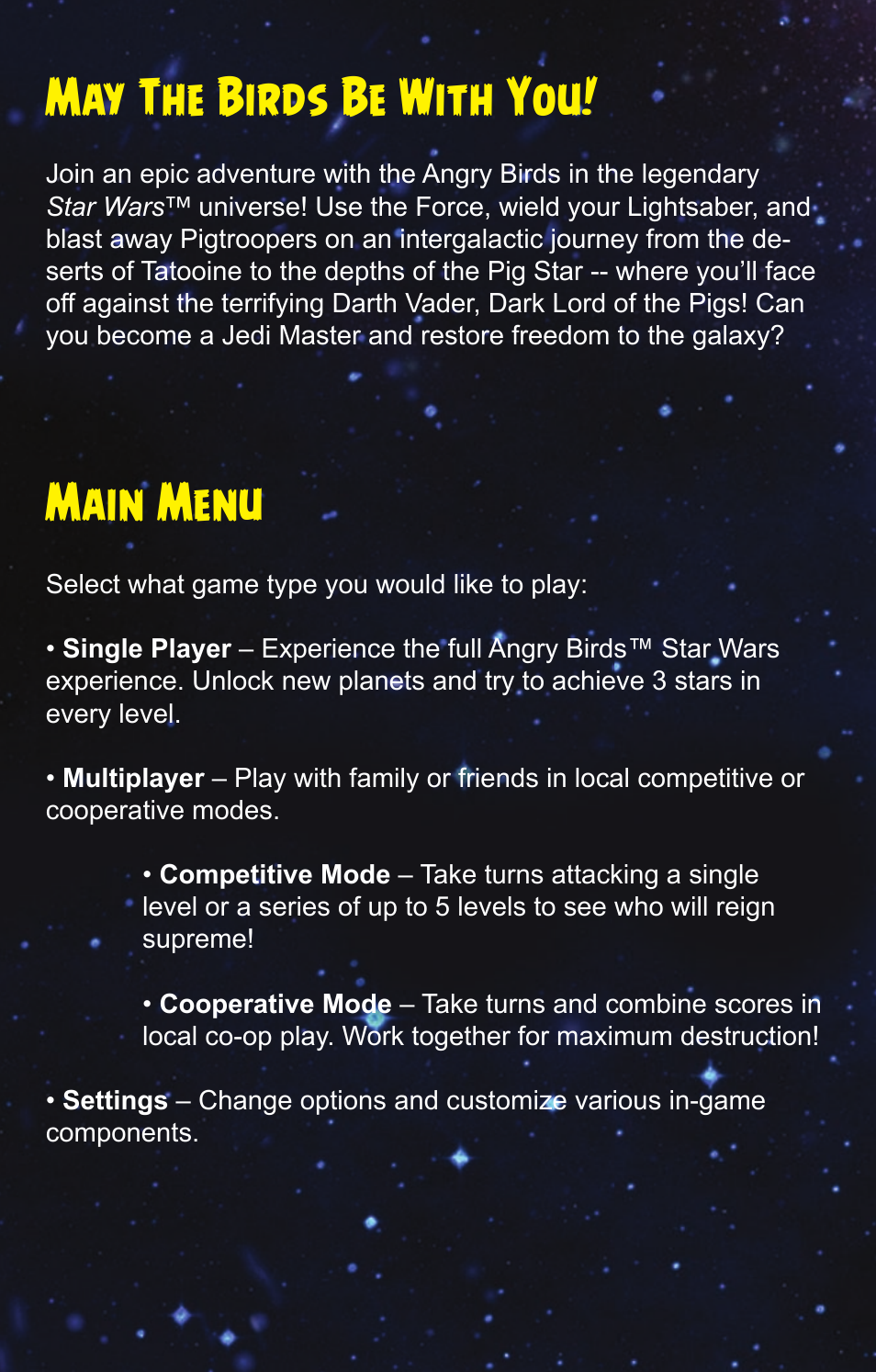 May the birds be with you, Main menu | Activision Angry Birds Star Wars User Manual | Page 5 / 9