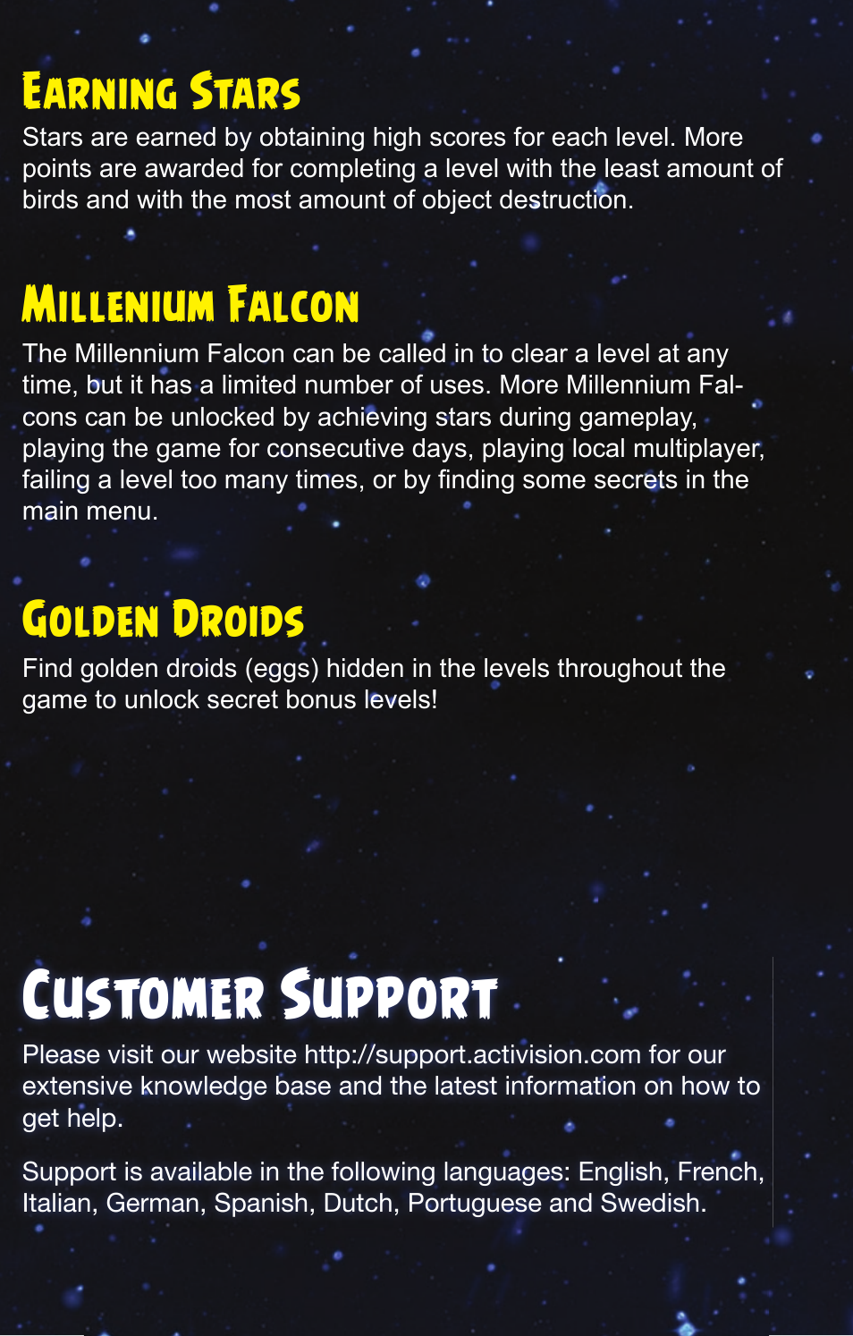 Customer support, Earning stars millenium falcon golden droids | Activision Angry Birds Star Wars User Manual | Page 7 / 9