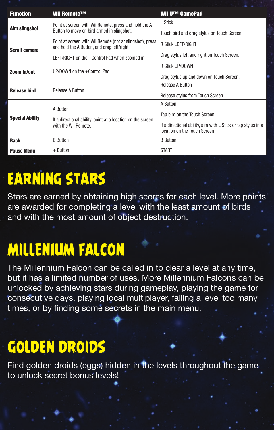 Earning stars, Millenium falcon, Golden droids | Activision Angry Birds Star Wars User Manual | Page 5 / 6