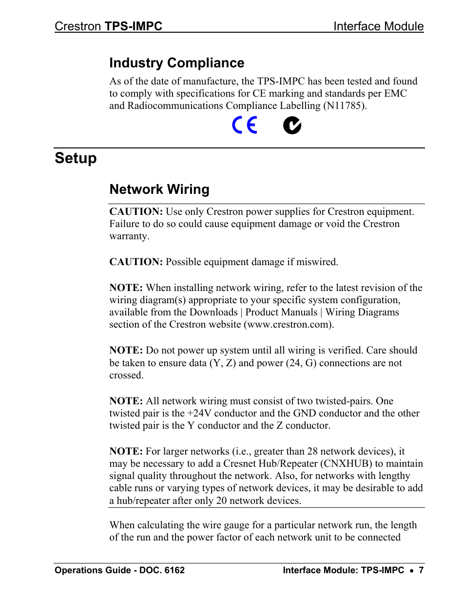 Industry compliance, Setup, Network wiring | Crestron electronic TPS-IMPC User Manual | Page 11 / 20