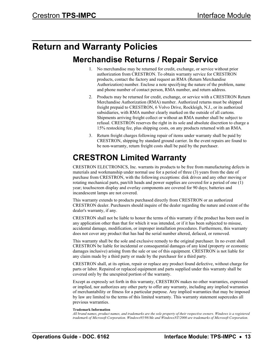 Return and warranty policies, Merchandise returns / repair service, Crestron limited warranty | Crestron tps-impc interface module | Crestron electronic TPS-IMPC User Manual | Page 17 / 20