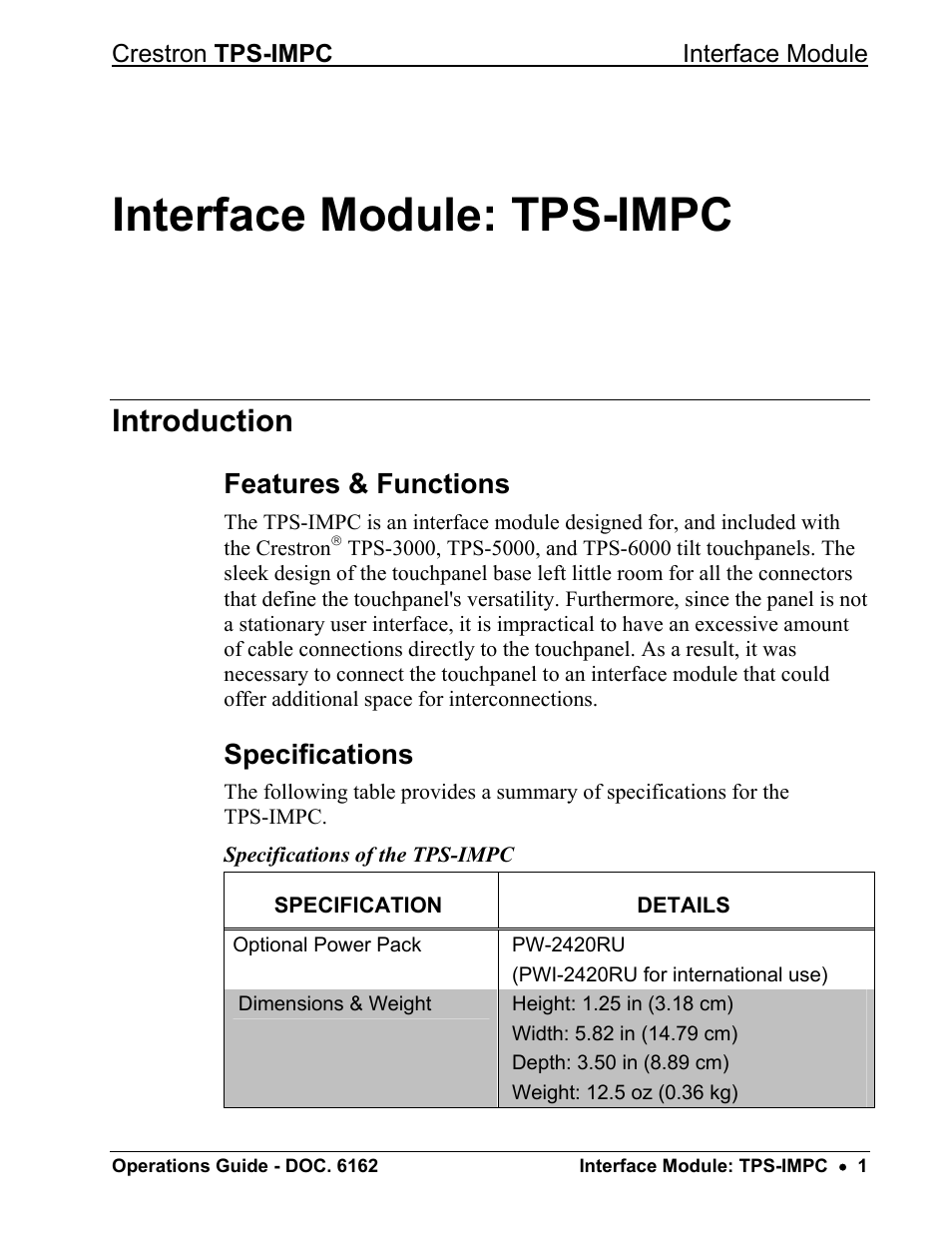 Interface module: tps-impc, Introduction, Features & functions | Specifications | Crestron electronic TPS-IMPC User Manual | Page 5 / 20