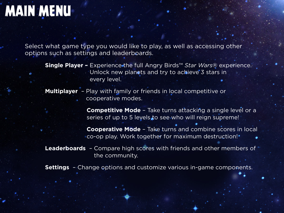 Main menu | Activision Angry Birds Star Wars User Manual | Page 4 / 15