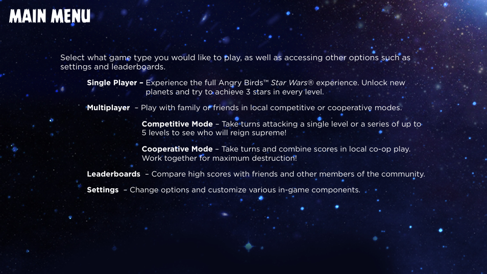 Main menu | Activision Angry Birds Star Wars User Manual | Page 5 / 10