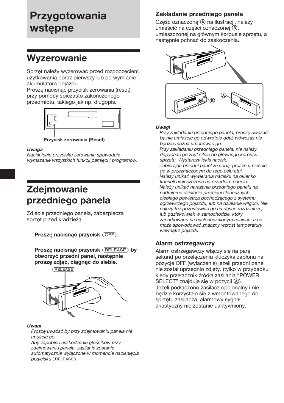 Przygotowania wstępne, Wyzerowanie, Zdejmowanie przedniego panela | Sony XR-3753 User Manual | Page 22 / 100