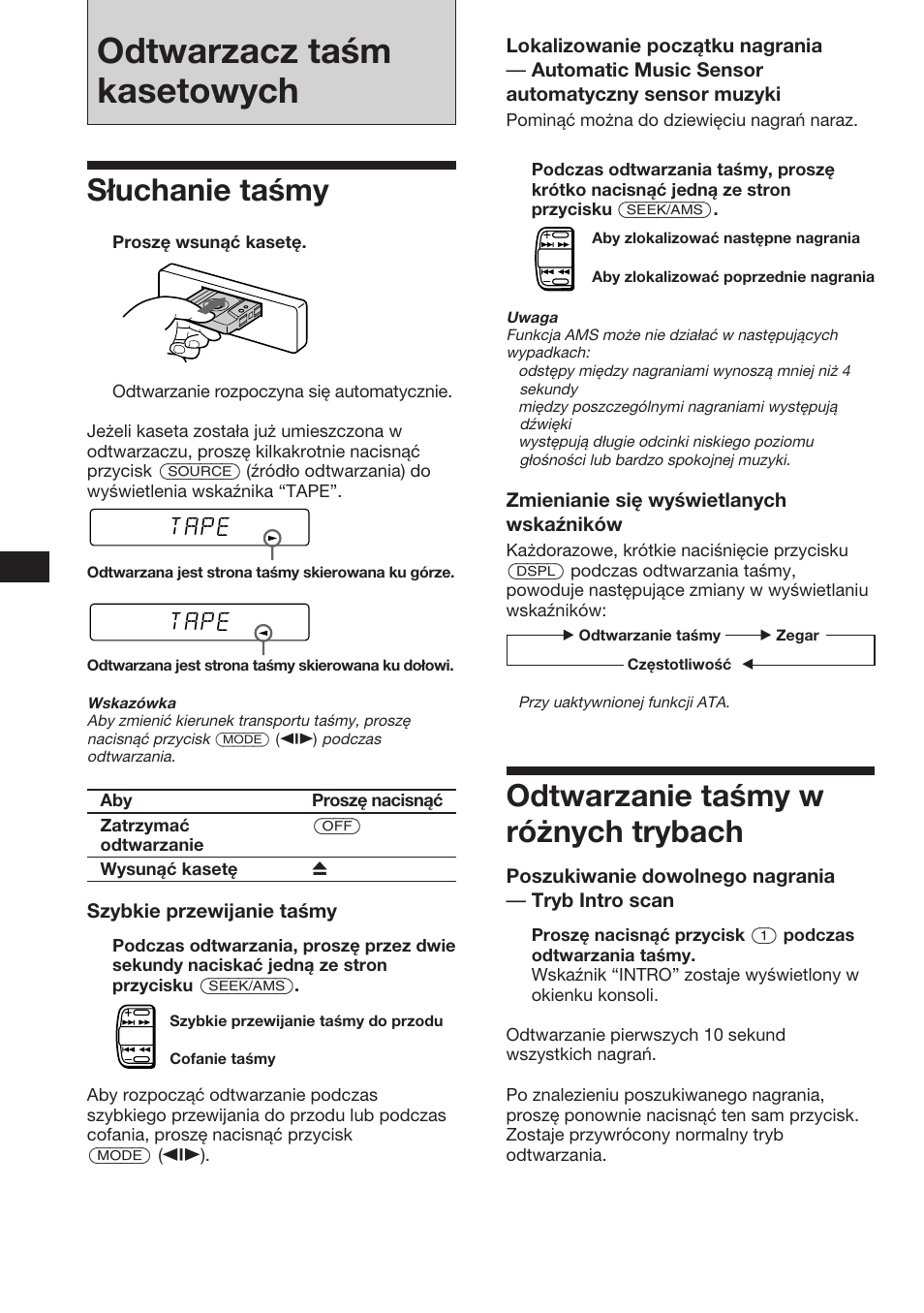 Odtwarzacz taśm kasetowych, Słuchanie taśmy, Odtwarzanie taśmy w różnych trybach | Tape | Sony XR-3753 User Manual | Page 24 / 100