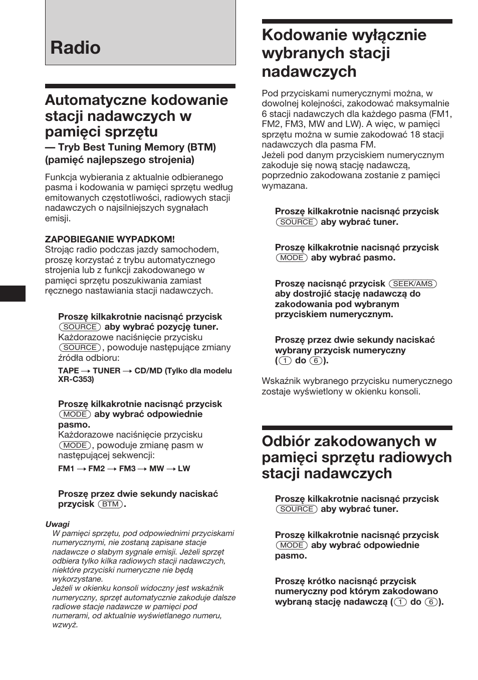 Radio, 8kodowanie wyłącznie wybranych stacji nadawczych | Sony XR-3753 User Manual | Page 26 / 100