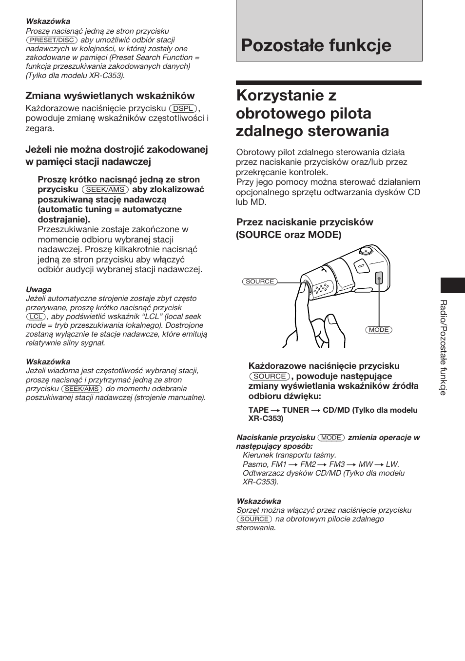 Pozostałe funkcje | Sony XR-3753 User Manual | Page 27 / 100