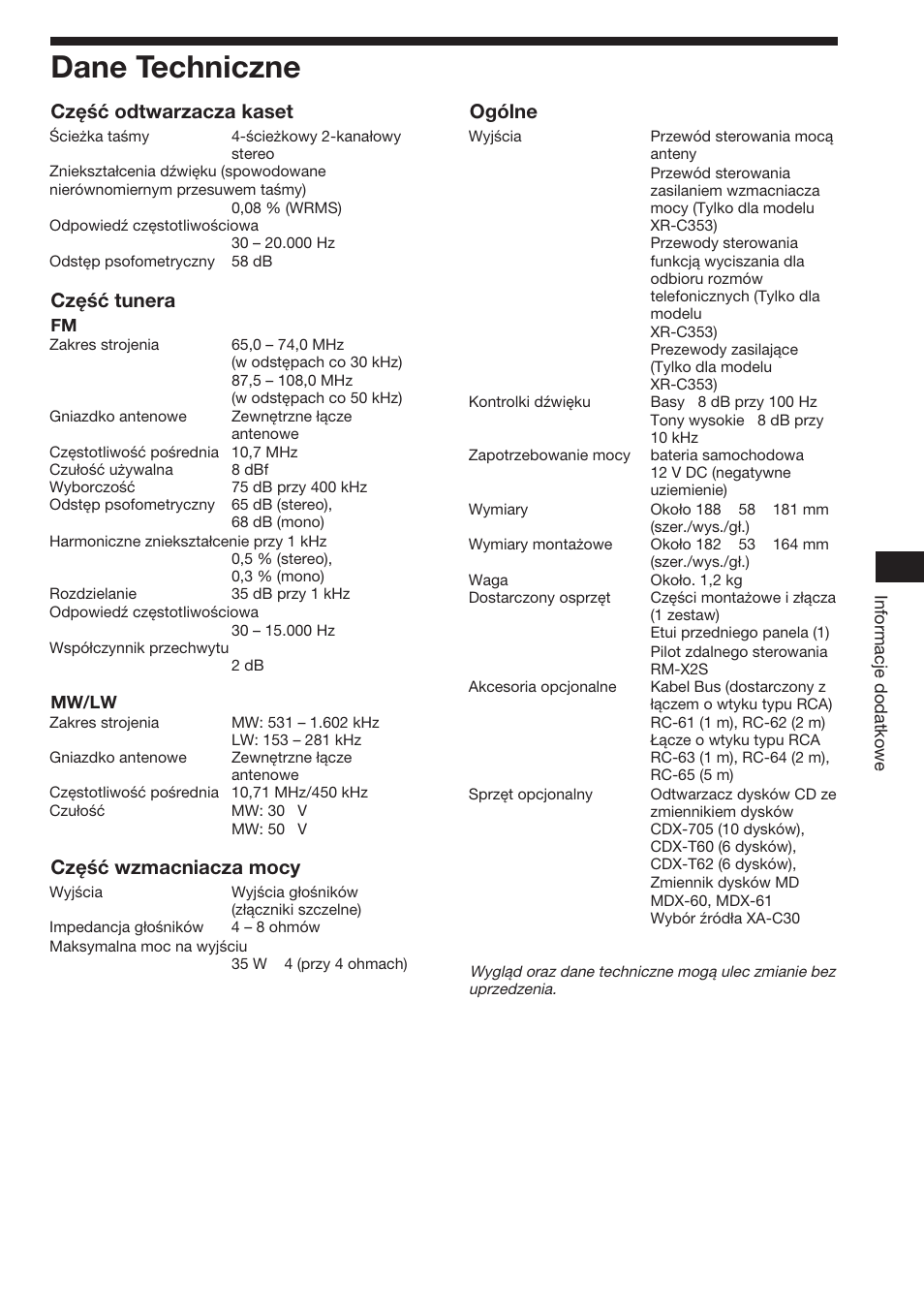 17 dane techniczne, Część odtwarzacza kaset, Część tunera | Część wzmacniacza mocy, Ogólne | Sony XR-3753 User Manual | Page 35 / 100