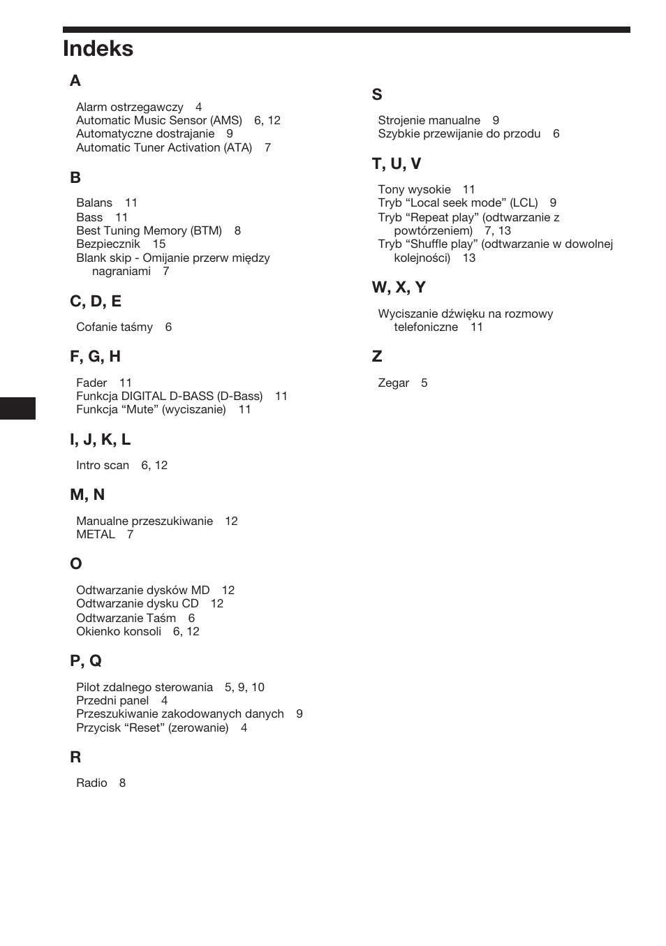 Indeks, C, d, e, F, g, h | I, j, k, l, M, n, P, q, T, u, v, W, x, y | Sony XR-3753 User Manual | Page 38 / 100