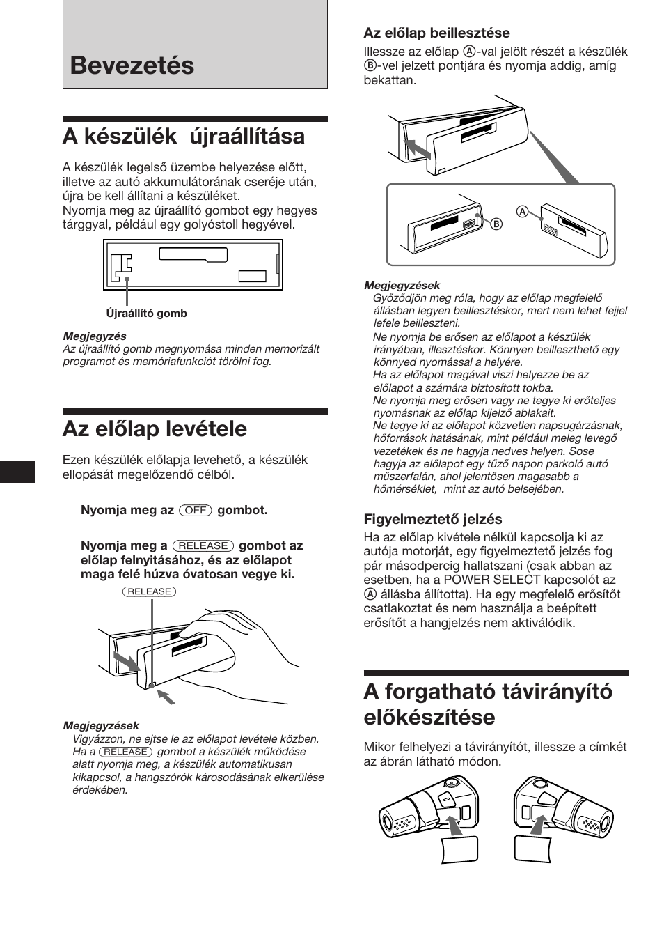 Bevezetés, A forgatható távirányító előkészítése, A készülék újraállítása | Az előlap levétele | Sony XR-3753 User Manual | Page 62 / 100