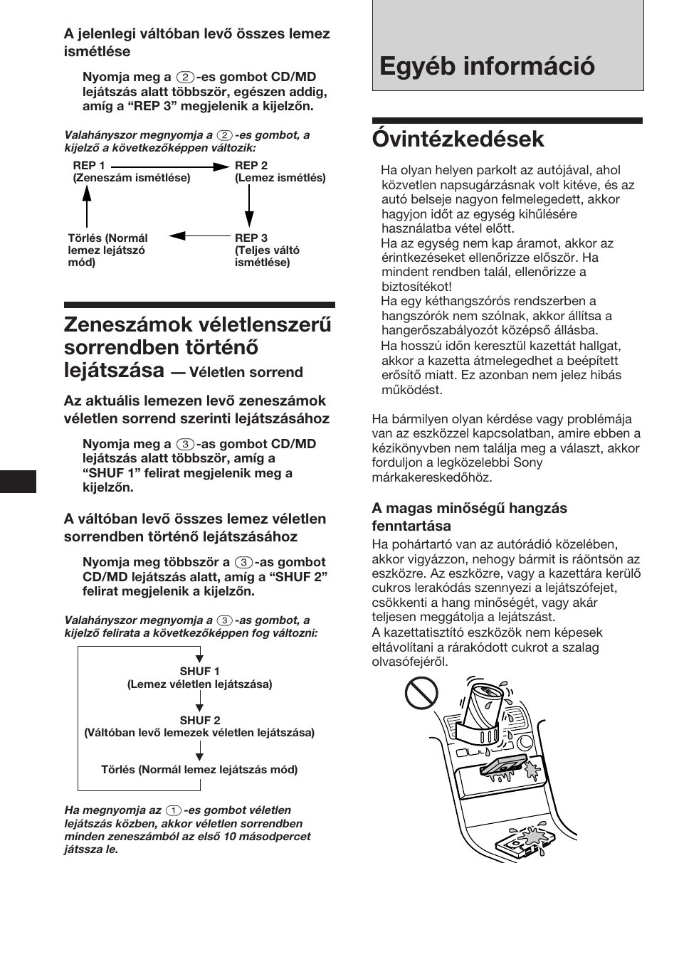 Egyéb információ, Óvintézkedések | Sony XR-3753 User Manual | Page 70 / 100