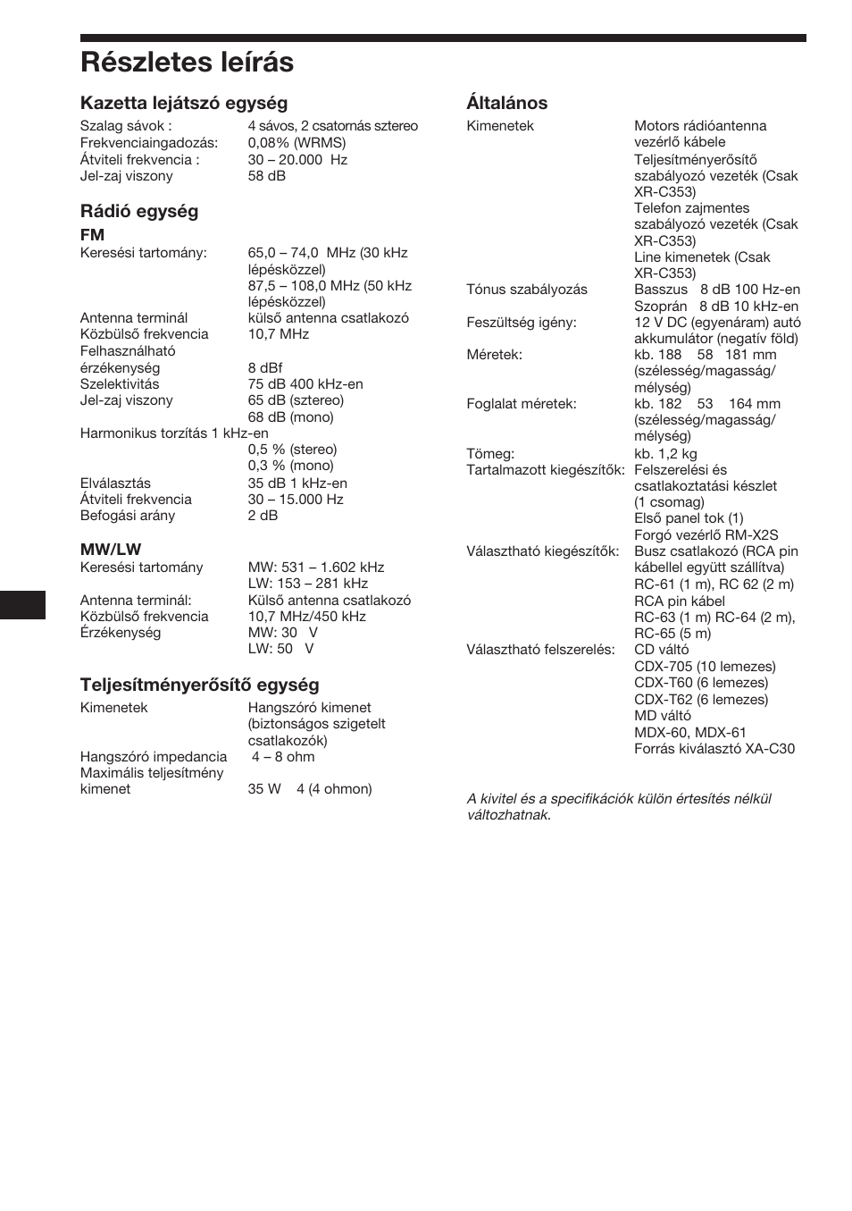 Részletes leírás, Kazetta lejátszó egység, Rádió egység | Teljesítményerősítő egység, Általános | Sony XR-3753 User Manual | Page 74 / 100