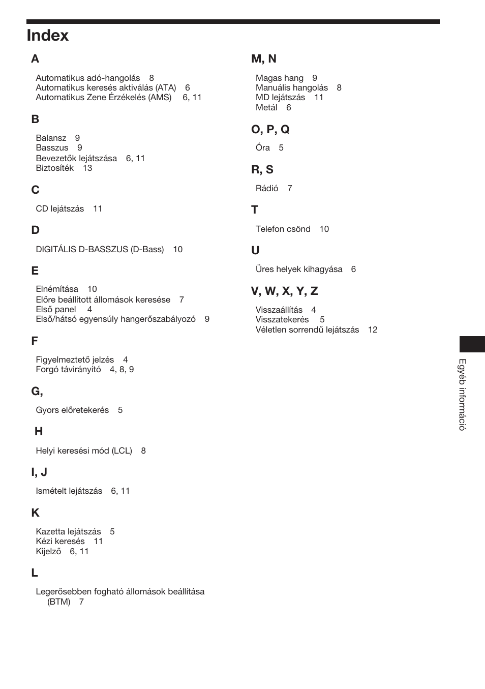 Index, I, j, M, n | O, p, q, R, s, V, w, x, y, z | Sony XR-3753 User Manual | Page 77 / 100