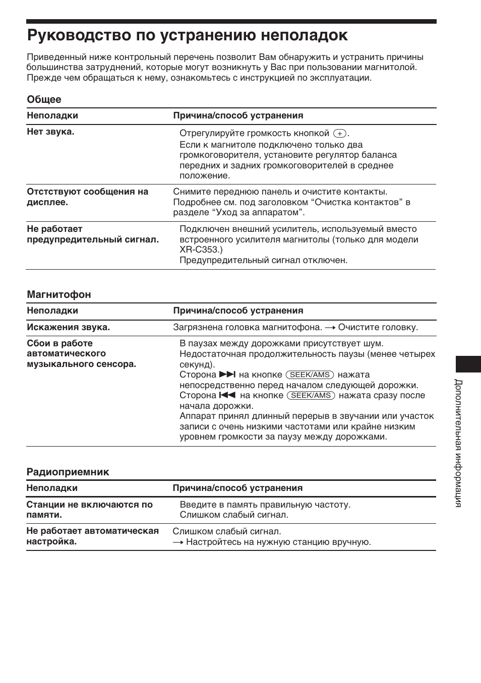 Руководство по устранению неполадок | Sony XR-3753 User Manual | Page 95 / 100