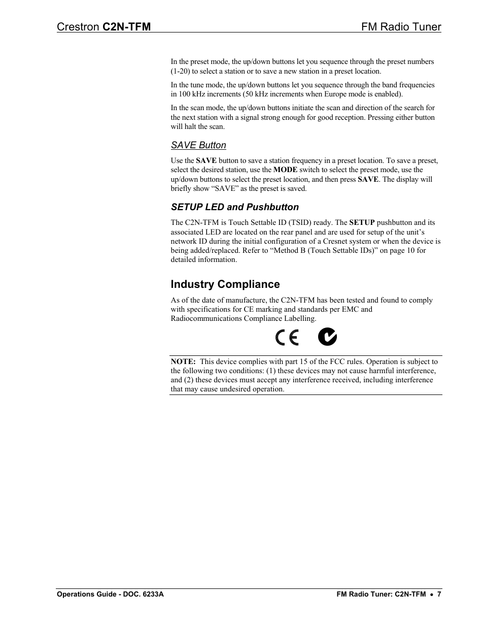 Industry compliance, Crestron c2n-tfm fm radio tuner | Crestron electronic C2N-TFM User Manual | Page 11 / 48