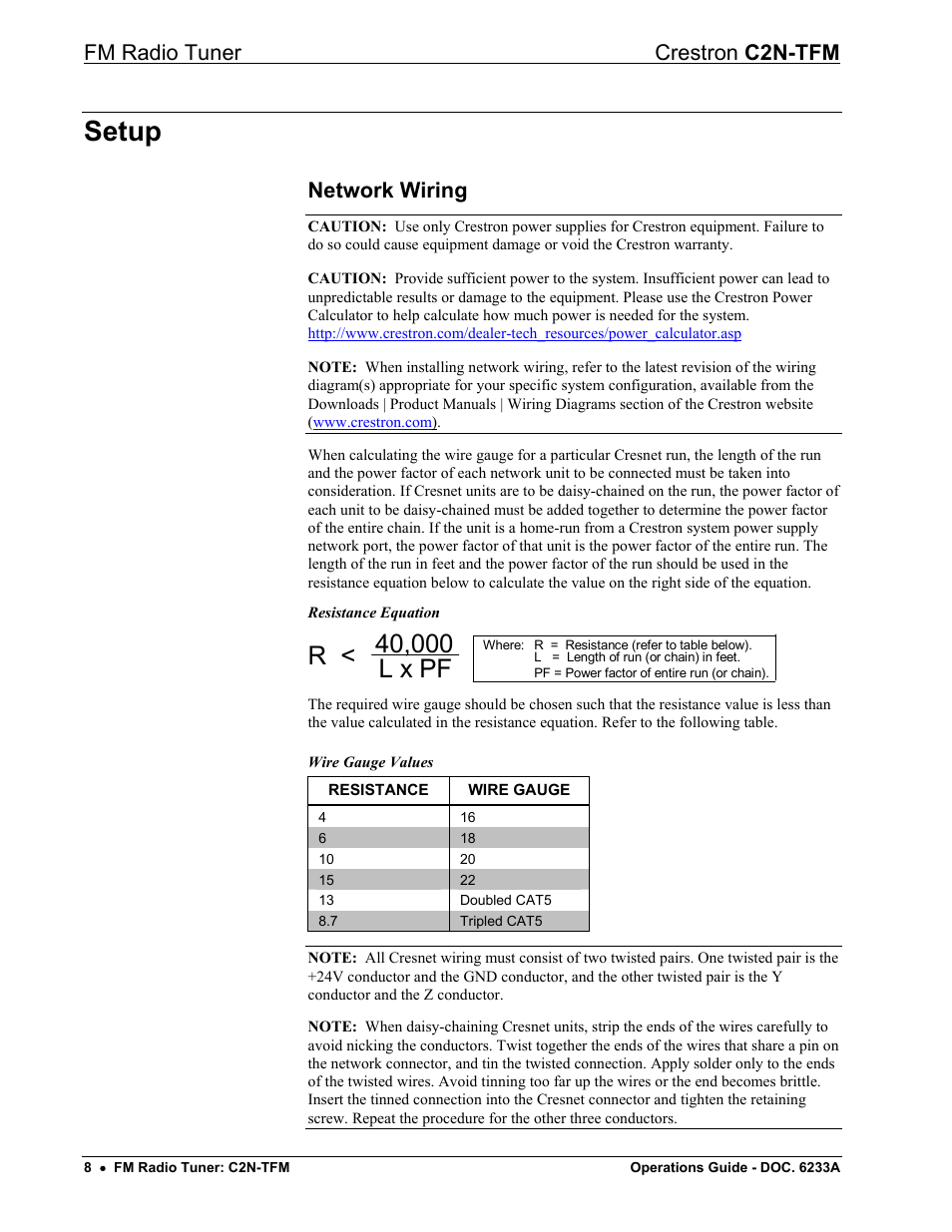 Setup, Network wiring, Fm radio tuner crestron c2n-tfm | Crestron electronic C2N-TFM User Manual | Page 12 / 48