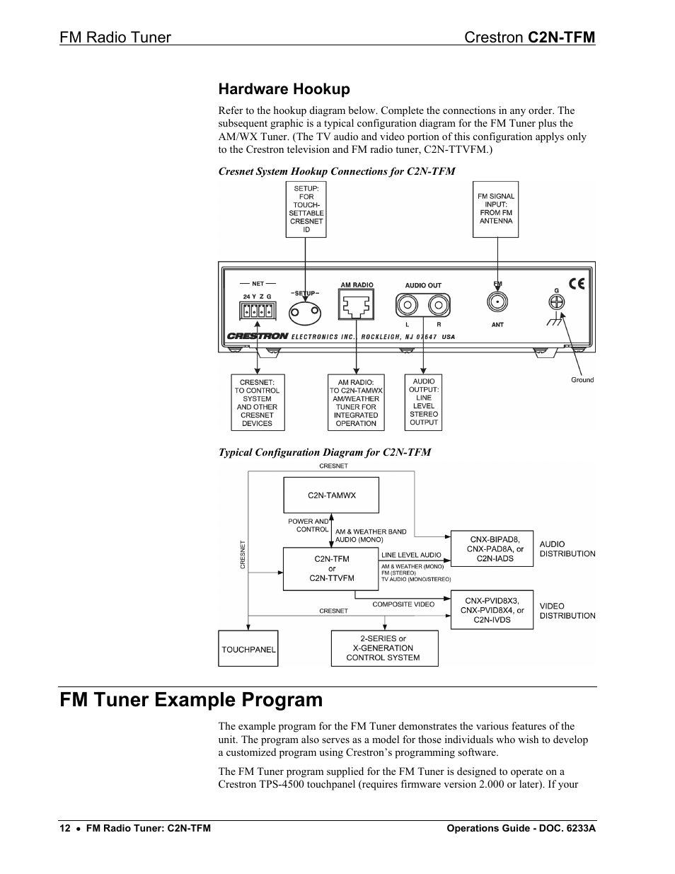 Hardware hookup, Fm tuner example program, Fm radio tuner crestron c2n-tfm | Crestron electronic C2N-TFM User Manual | Page 16 / 48