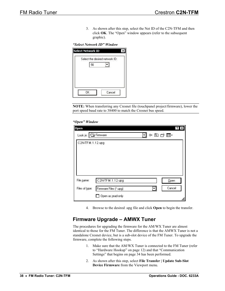 Firmware upgrade – amwx tuner, Fm radio tuner crestron c2n-tfm | Crestron electronic C2N-TFM User Manual | Page 42 / 48