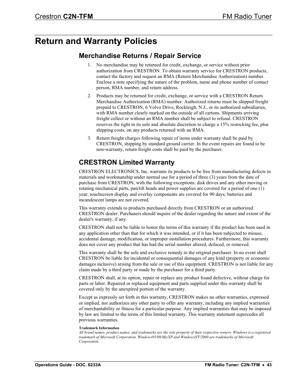 Return and warranty policies, Merchandise returns / repair service, Crestron limited warranty | Crestron c2n-tfm fm radio tuner | Crestron electronic C2N-TFM User Manual | Page 47 / 48
