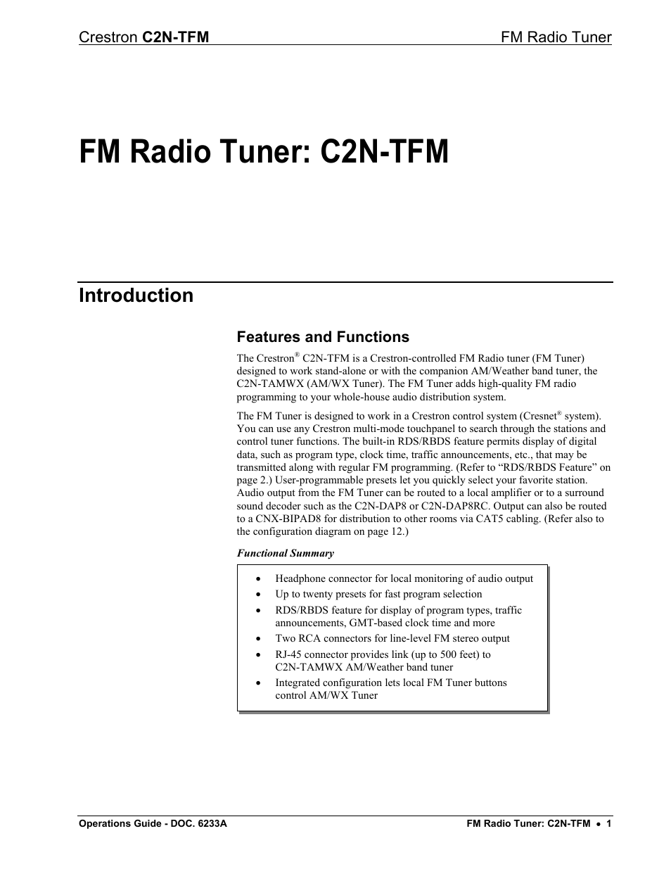 Fm radio tuner: c2n-tfm, Introduction, Features and functions | Crestron c2n-tfm fm radio tuner | Crestron electronic C2N-TFM User Manual | Page 5 / 48