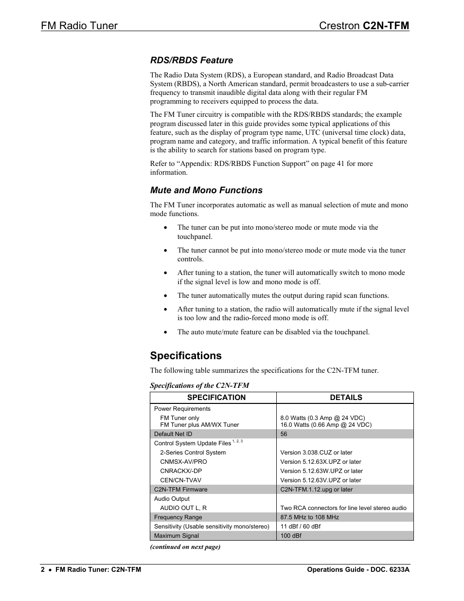 Specifications, Fm radio tuner crestron c2n-tfm, Rds/rbds feature | Mute and mono functions | Crestron electronic C2N-TFM User Manual | Page 6 / 48