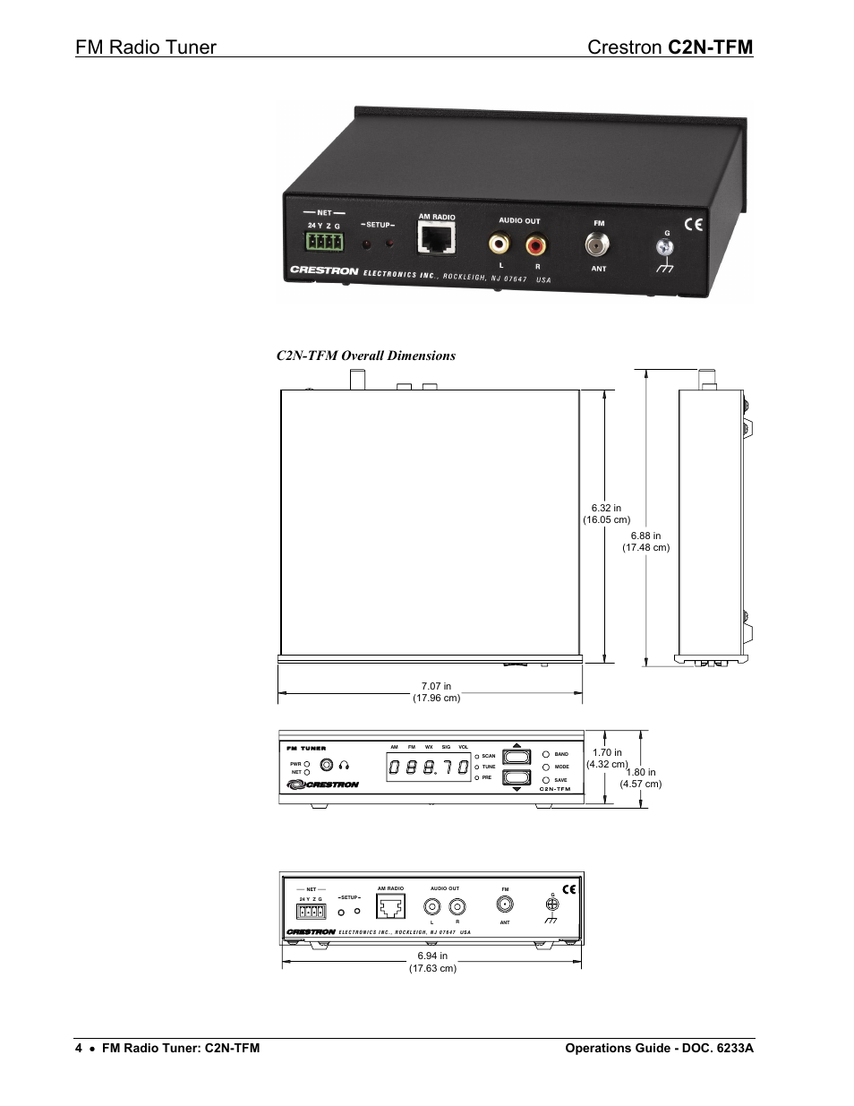 Fm radio tuner crestron c2n-tfm, C2n-tfm overall dimensions | Crestron electronic C2N-TFM User Manual | Page 8 / 48