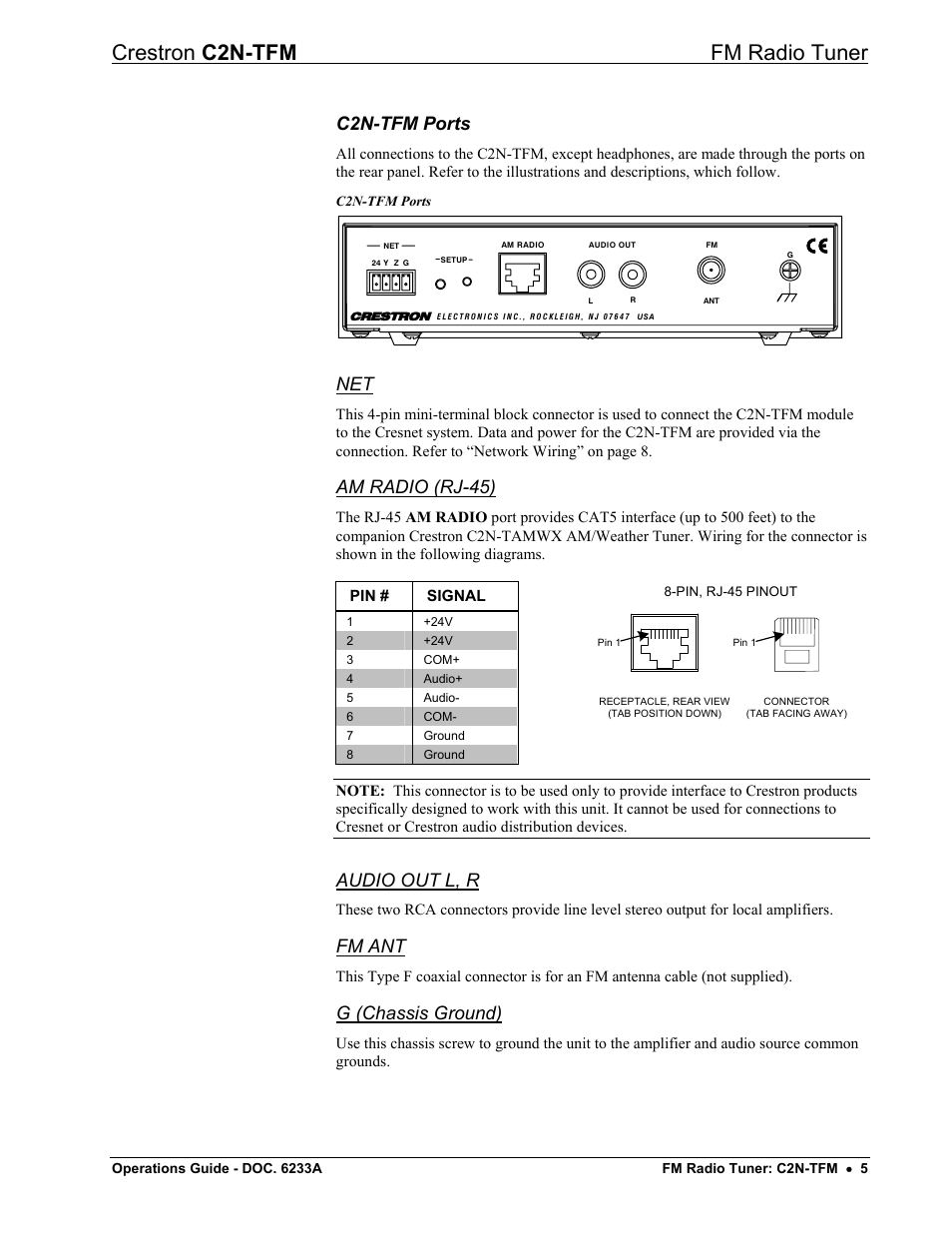 Crestron c2n-tfm fm radio tuner, C2n-tfm ports, Am radio (rj-45) | Audio out l, r, Fm ant, G (chassis ground) | Crestron electronic C2N-TFM User Manual | Page 9 / 48