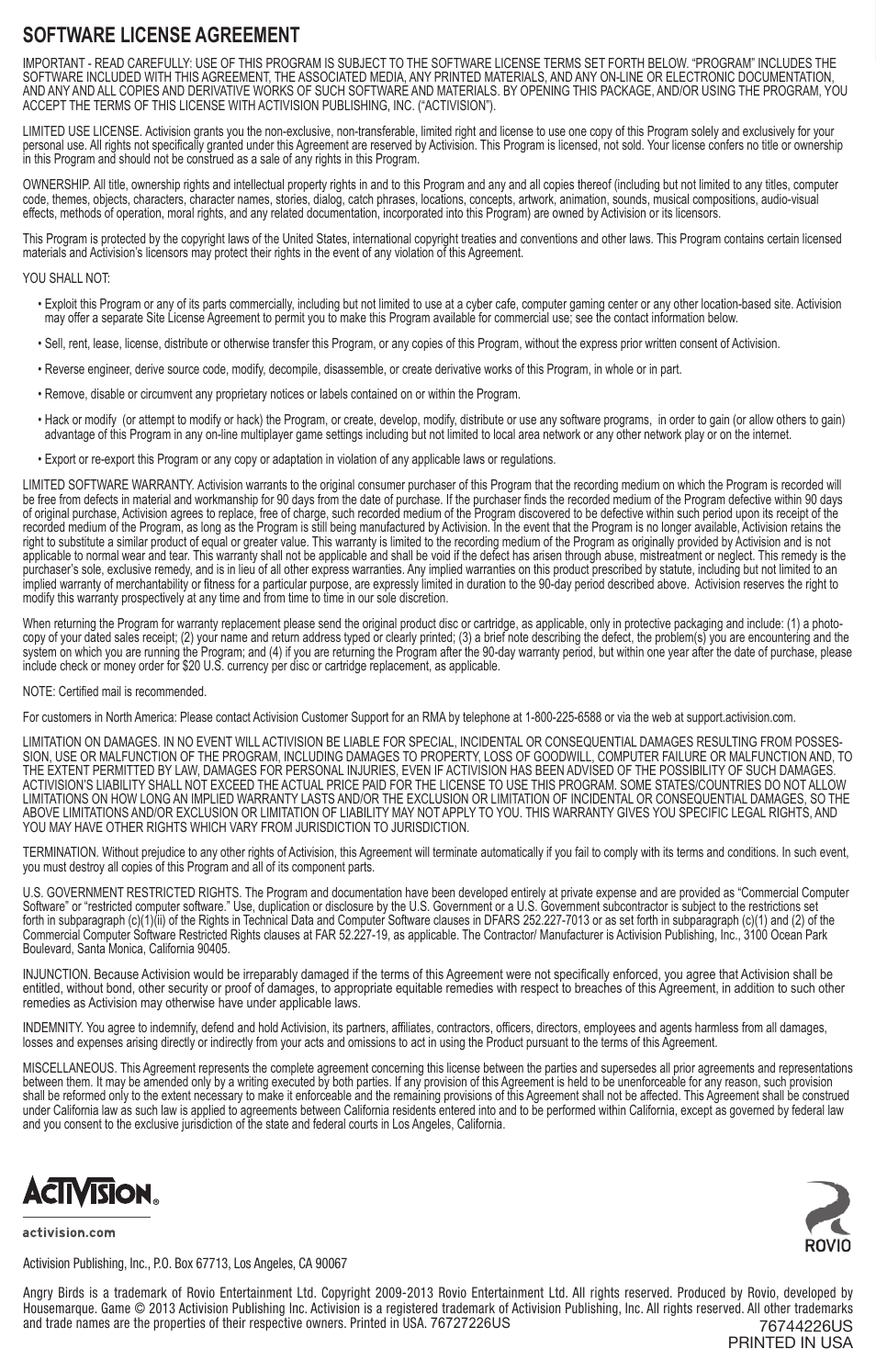 Software license agreement | Activision Angry Birds Trilogy User Manual | Page 4 / 4