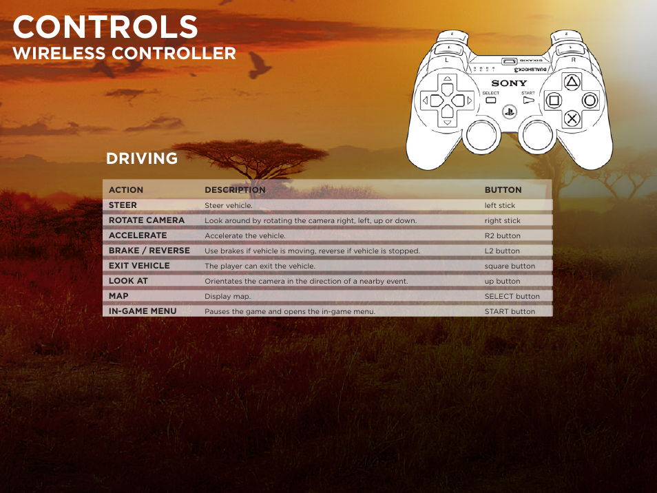 Controls, Wireless controller, Driving | Activision Cabela's African Adventures User Manual | Page 4 / 10