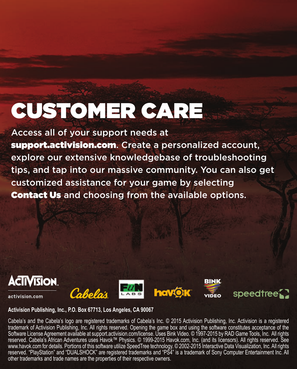 Customer care | Activision Cabela's African Adventures User Manual | Page 8 / 8