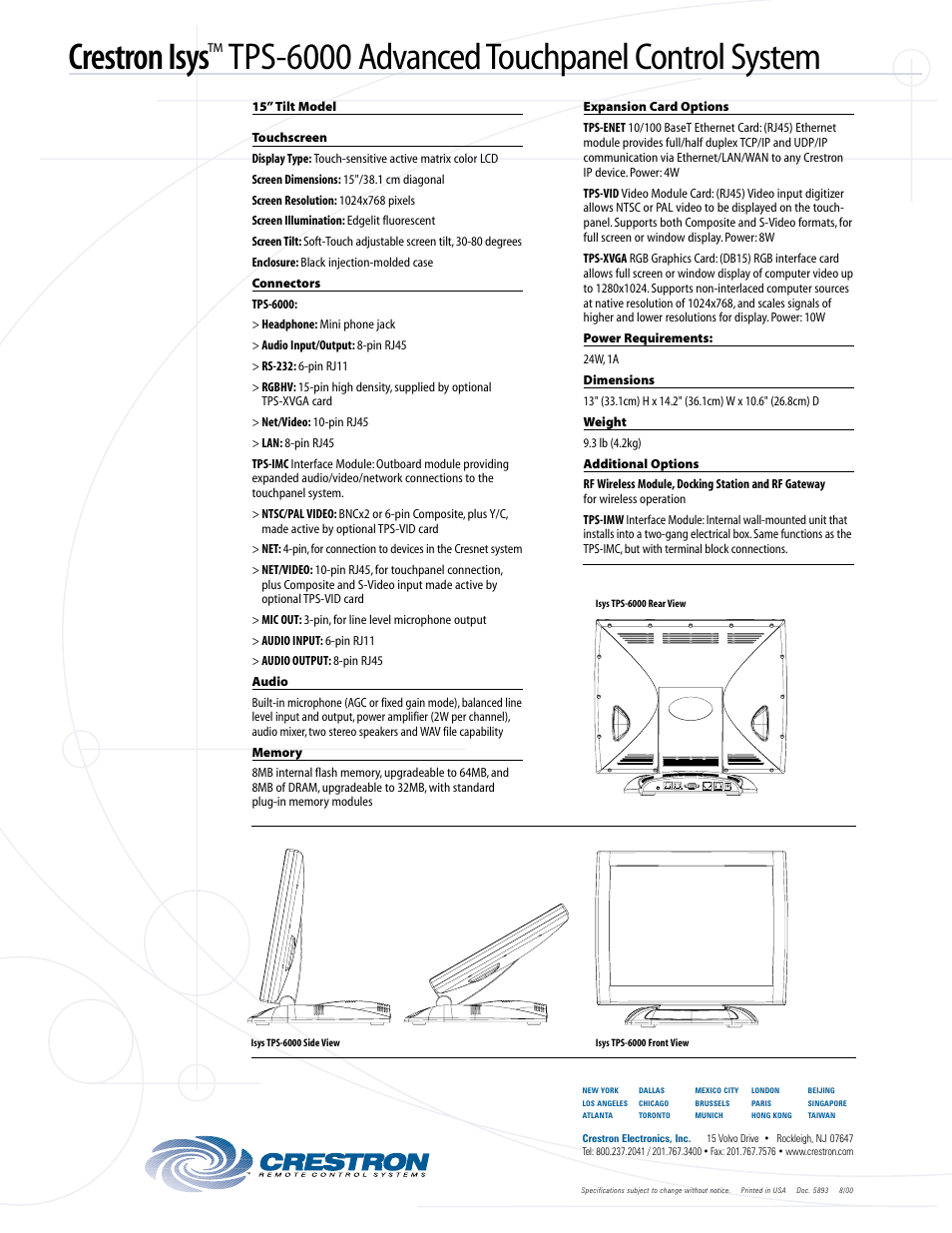 Crestron isys, Tps-6000 advanced touchpanel control system | Crestron electronic Crestron Isys TPS-6000 User Manual | Page 2 / 2