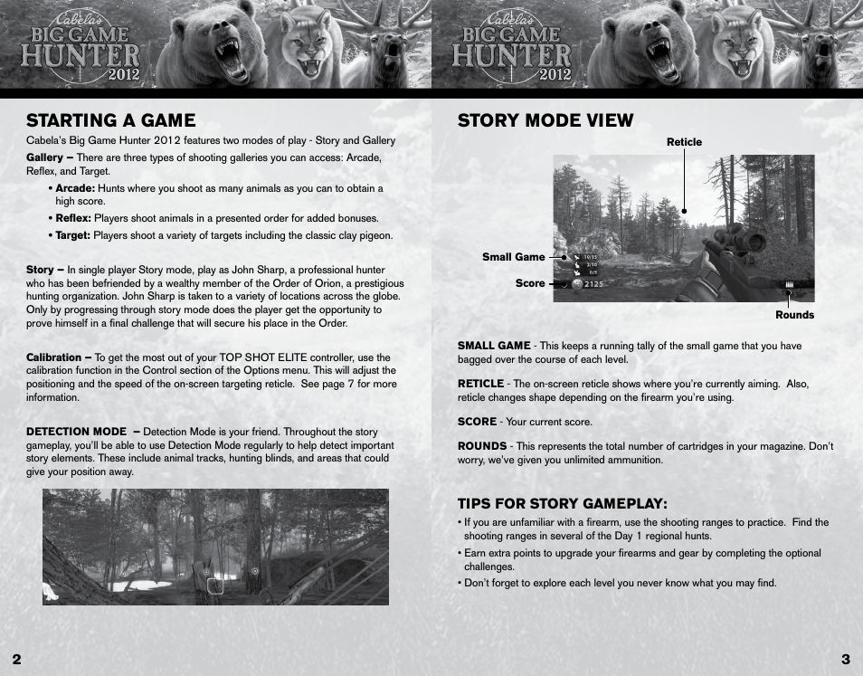 Starting a game, Story mode view | Activision Cabela's Big Game Hunter 2012 User Manual | Page 3 / 6