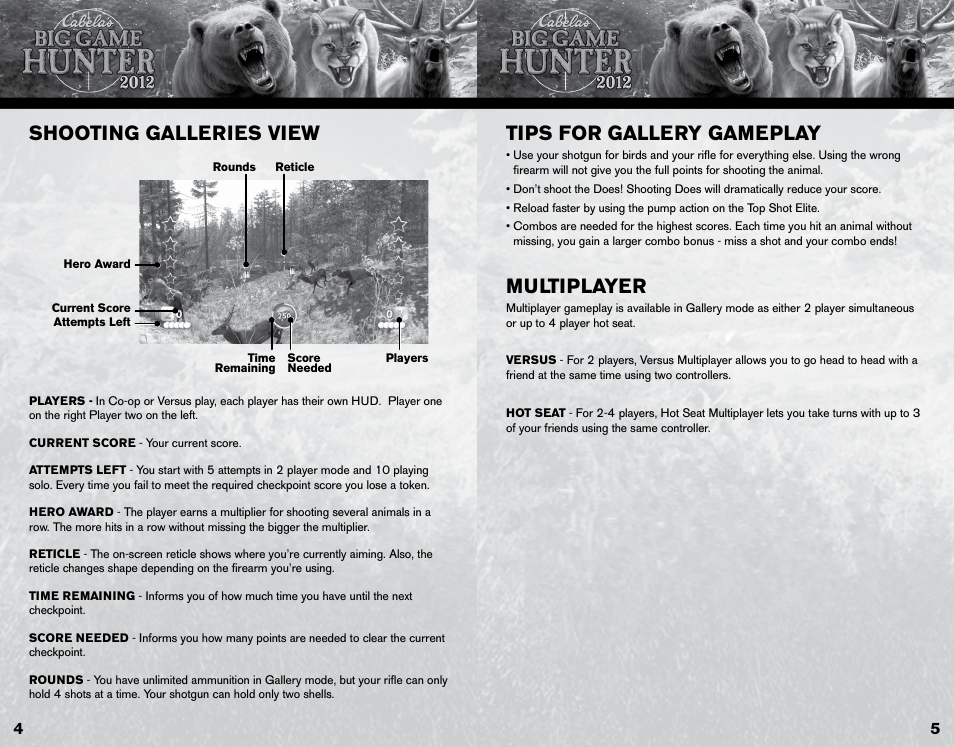 Shooting galleries view, Tips for gallery gameplay, Multiplayer | Activision Cabela's Big Game Hunter 2012 User Manual | Page 4 / 6