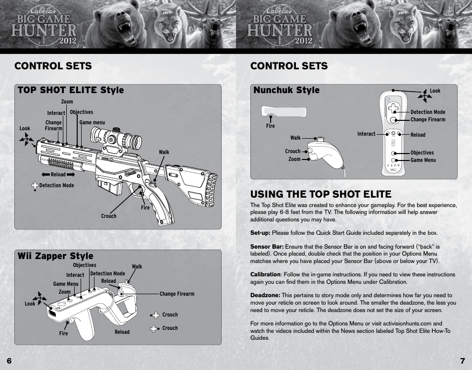 Control sets, Control sets using the top shot elite, Nunchuk style | Wii zapper style, Top shot elite style | Activision Cabela's Big Game Hunter 2012 User Manual | Page 5 / 6