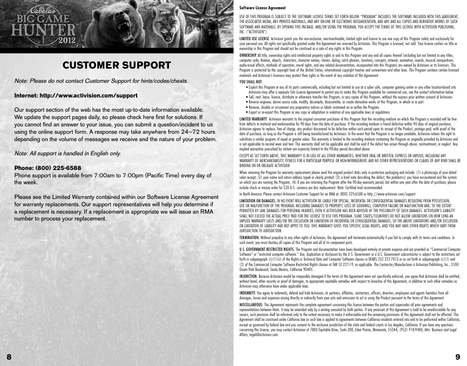 Customer support | Activision Cabela's Big Game Hunter 2012 User Manual | Page 6 / 6