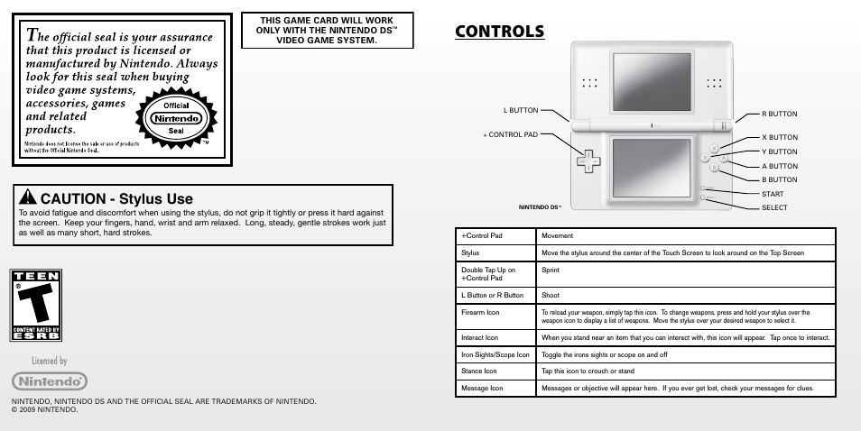 Controls, Caution - stylus use | Activision Cabela's Dangerous Hunts 2011 User Manual | Page 3 / 6