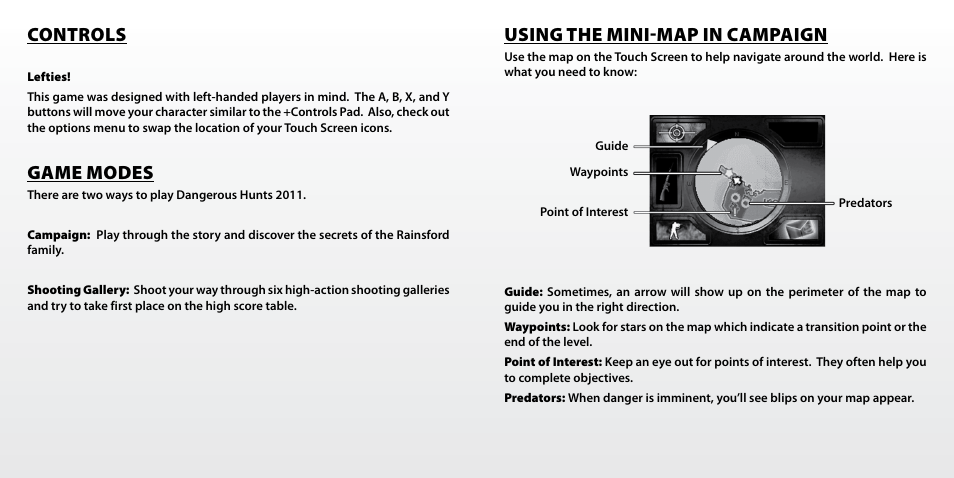 Controls, Game modes, Using the mini-map in campaign | Activision Cabela's Dangerous Hunts 2011 User Manual | Page 4 / 6