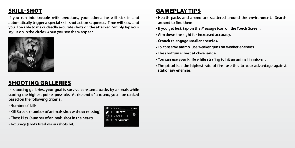 Skill-shot, Shooting galleries, Gameplay tips | Activision Cabela's Dangerous Hunts 2011 User Manual | Page 5 / 6