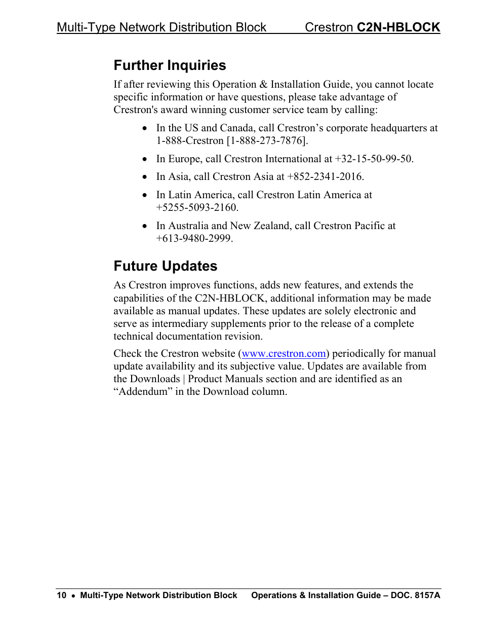 Further inquiries, Future updates | Crestron electronic C2N-HBLOCK User Manual | Page 14 / 16
