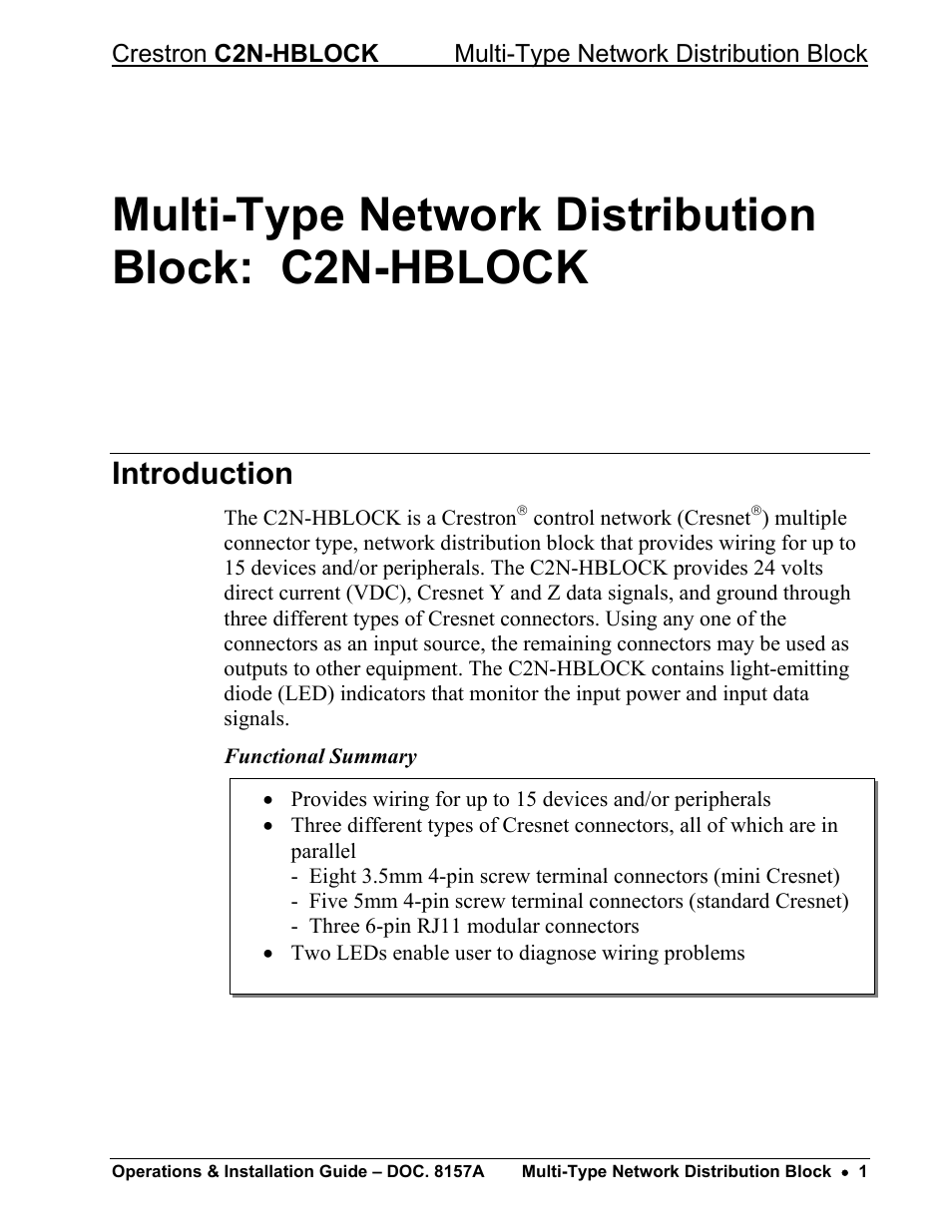 Multi-type network distribution block: c2n-hblock, Introduction | Crestron electronic C2N-HBLOCK User Manual | Page 5 / 16