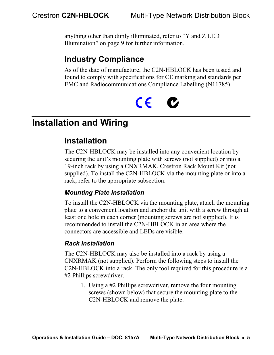 Industry compliance, Installation and wiring, Installation | Mounting plate installation, Rack installation | Crestron electronic C2N-HBLOCK User Manual | Page 9 / 16